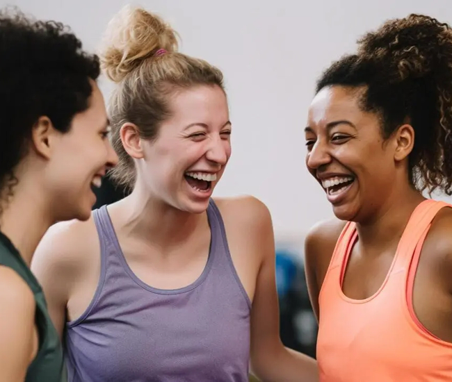 Drie lachende vrouwen in sportkleding, genietend van elkaars gezelschap.