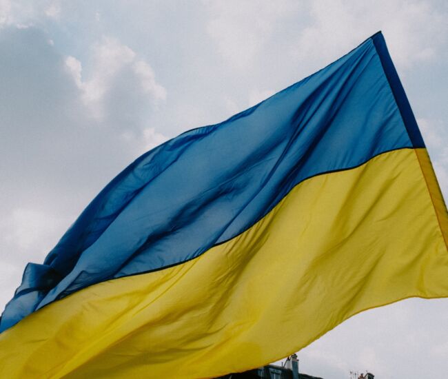 Vlag van Oekraïne wappert tegen een blauwe lucht.