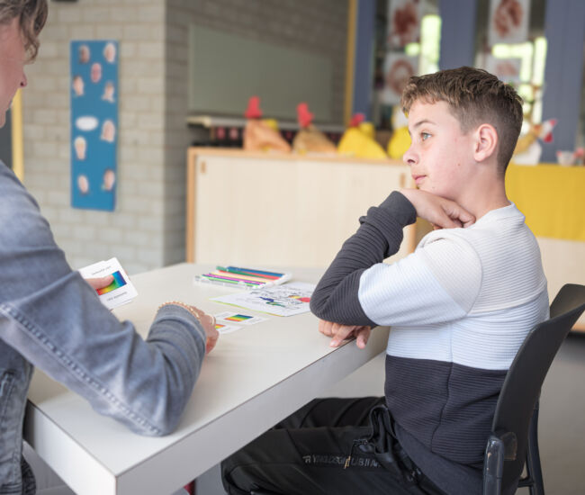 Een jongen en een volwassene bespreken kleurkaarten aan een tafel.