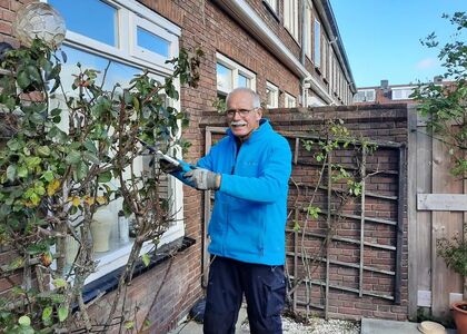Een oudere man snoeit een plant in de tuin.