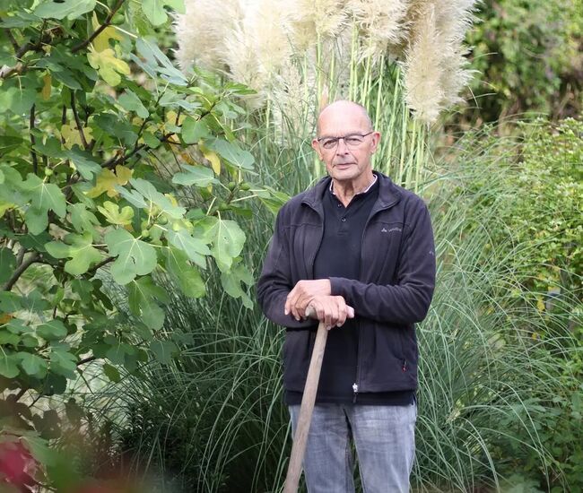 Een man met een stok staat tussen groene planten.